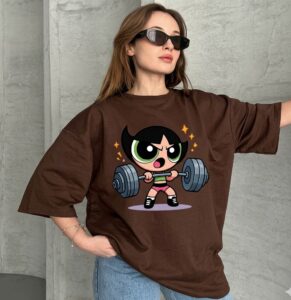 Home brown oversized cartoon gym graphic t shirt | ink & thread for women β cute power girl tee