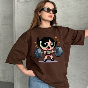 brown oversized cartoon gym graphic t shirt | ink & thread for women – cute power girl tee